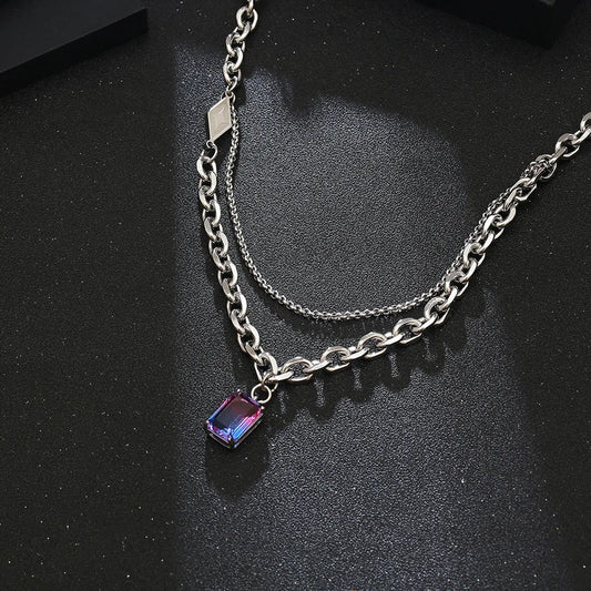 Casual Simple Style Rectangle Titanium Steel Chain Inlay Gem Pendant Necklace Long Necklace