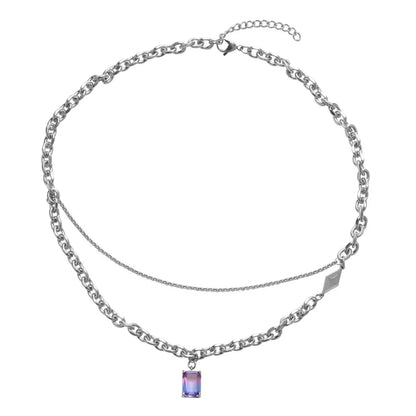 Casual Simple Style Rectangle Titanium Steel Chain Inlay Gem Pendant Necklace Long Necklace