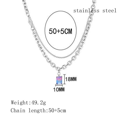 Casual Simple Style Rectangle Titanium Steel Chain Inlay Gem Pendant Necklace Long Necklace