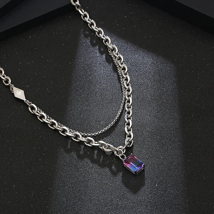 Casual Simple Style Rectangle Titanium Steel Chain Inlay Gem Pendant Necklace Long Necklace