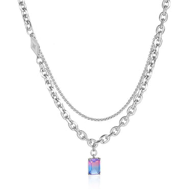 Casual Simple Style Rectangle Titanium Steel Chain Inlay Gem Pendant Necklace Long Necklace