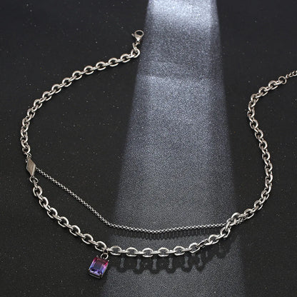 Casual Simple Style Rectangle Titanium Steel Chain Inlay Gem Pendant Necklace Long Necklace