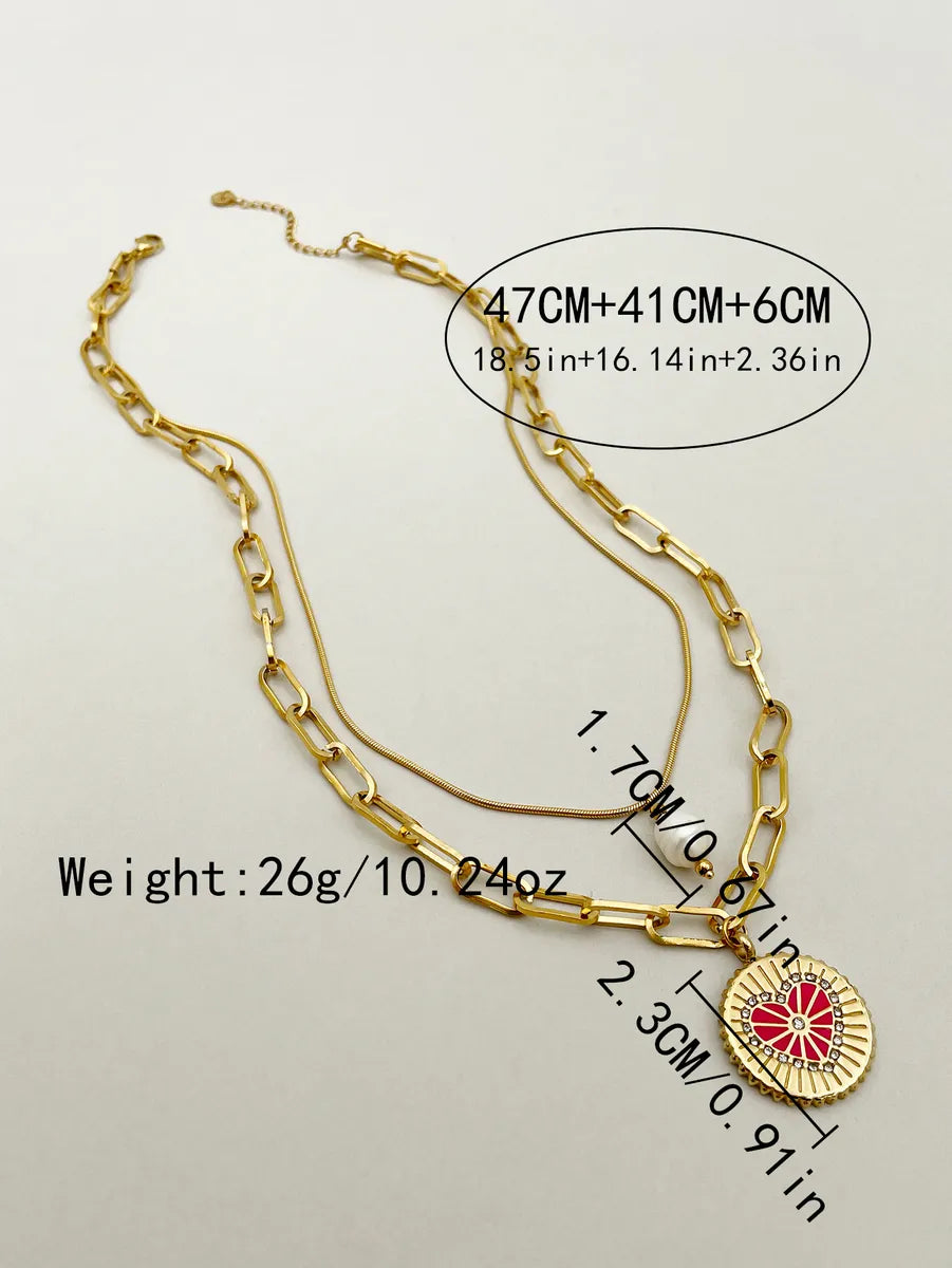 Casual Simple Style Roman Style Round Heart Shape Stainless Steel Enamel Plating Inlay Zircon Gold Plated Layered Necklaces