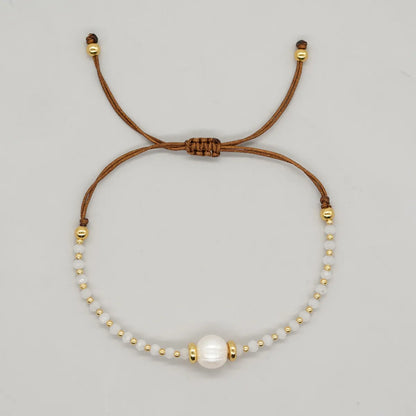 Casual Simple Style Round Artificial Crystal Freshwater Pearl Beaded Drawstring Braid Bracelets