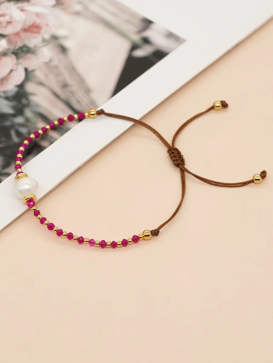 Casual Simple Style Round Artificial Crystal Freshwater Pearl Beaded Drawstring Braid Bracelets