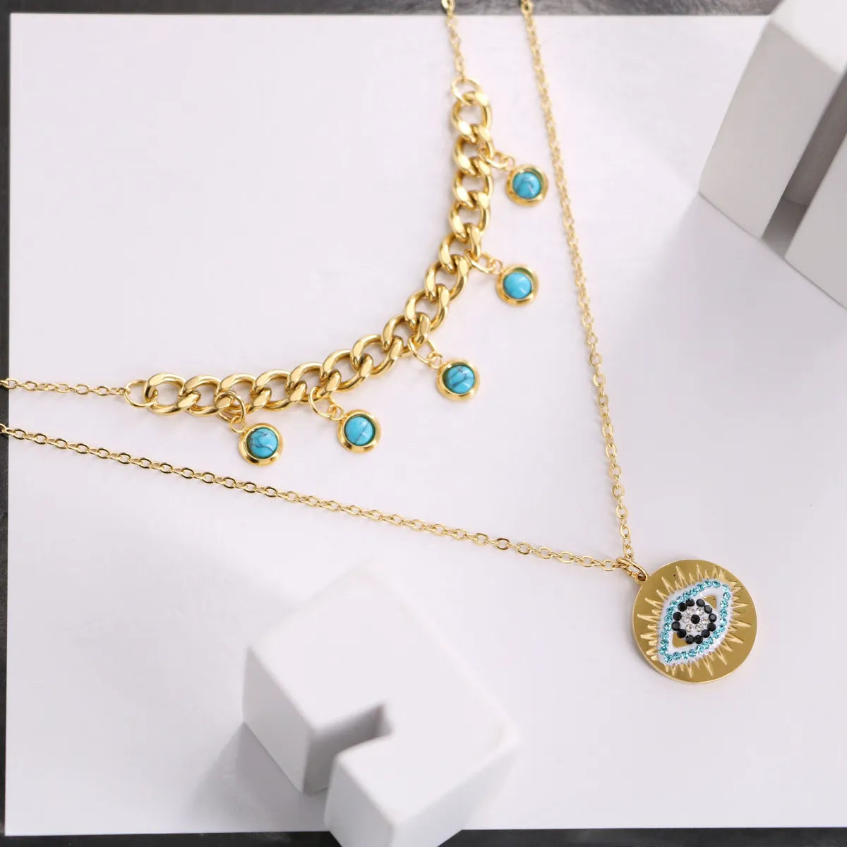 Casual Simple Style Round Devil's Eye Titanium Steel Plating Inlay Turquoise Rhinestones Layered Necklaces