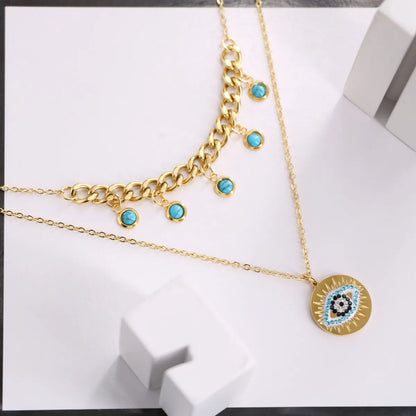 Casual Simple Style Round Devil's Eye Titanium Steel Plating Inlay Turquoise Rhinestones Layered Necklaces