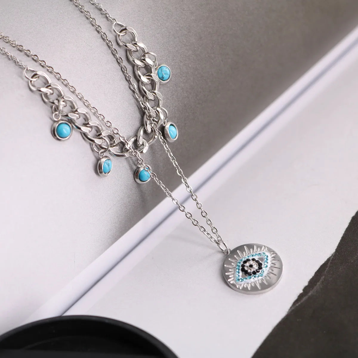 Casual Simple Style Round Devil's Eye Titanium Steel Plating Inlay Turquoise Rhinestones Layered Necklaces