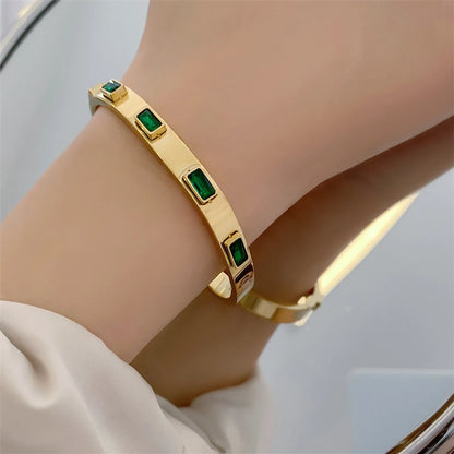 Casual Simple Style Round Square Stripe Stainless Steel Plating Inlay Zircon 18k Gold Plated Bangle