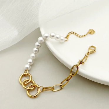 Casual Simple Style Round Stainless Steel Artificial Pearl Plating Gold Plated Bracelets