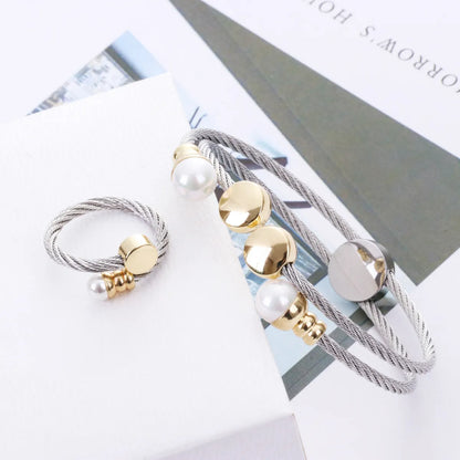 Casual Simple Style Round Stainless Steel Copper Inlay Pearl Women's Rings Bracelets