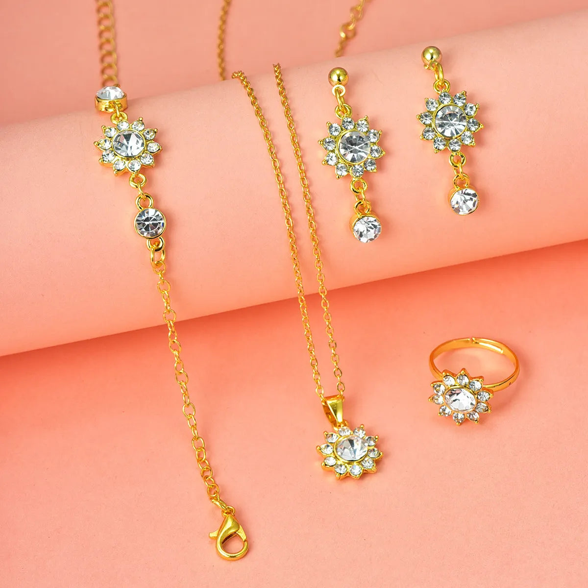 Casual Simple Style Shiny Round Flower Alloy Inlay Rhinestones Women'S Jewelry Set