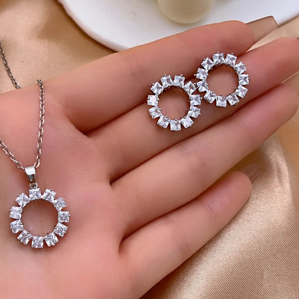 304 Stainless Steel Copper Casual Simple Style Shiny Plating Inlay Round Square Zircon Earrings Necklace