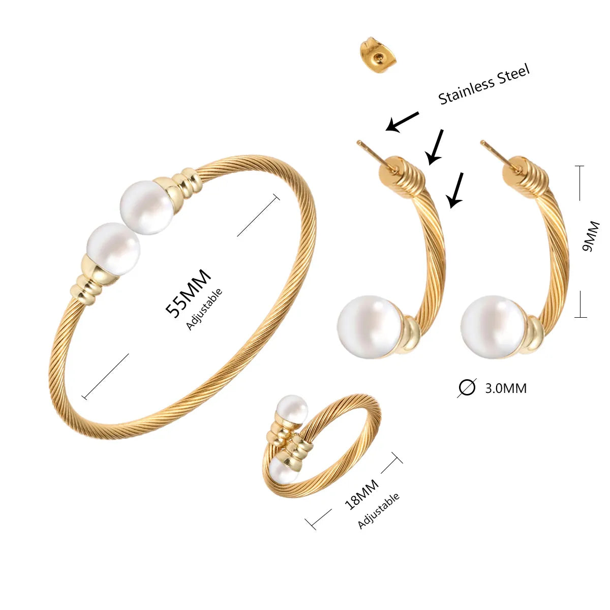 Wholesale Casual Simple Style Spiral Stripe Stainless Steel Copper Braid Inlay Pearl Rings Bracelets Earrings