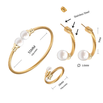 Wholesale Casual Simple Style Spiral Stripe Stainless Steel Copper Braid Inlay Pearl Rings Bracelets Earrings