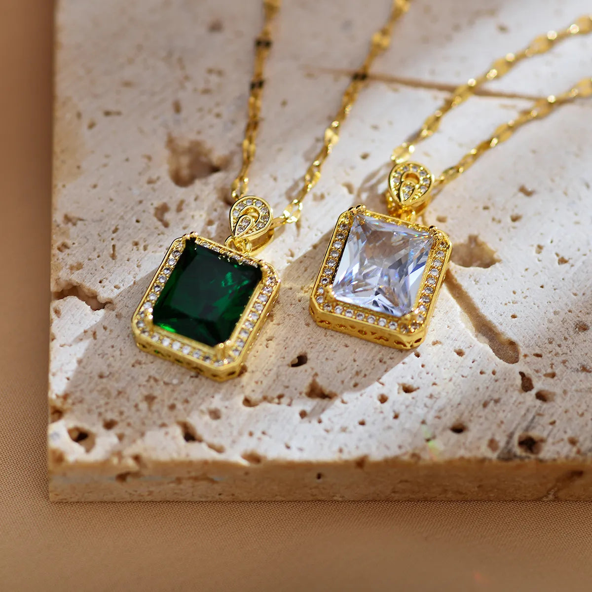 Casual Simple Style Square Titanium Steel Copper Plating Inlay Zircon Pendant Necklace