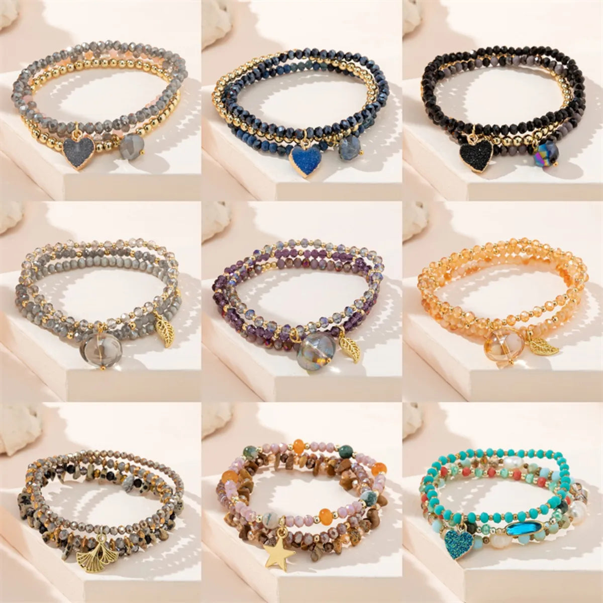 Casual Simple Style Star Leaves Heart Shape Artificial Crystal Beaded Layered Women'S Bracelets