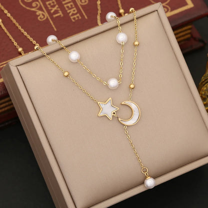 Casual Simple Style Star Moon Stainless Steel Pearl Inlay Shell Bracelets Earrings Necklace