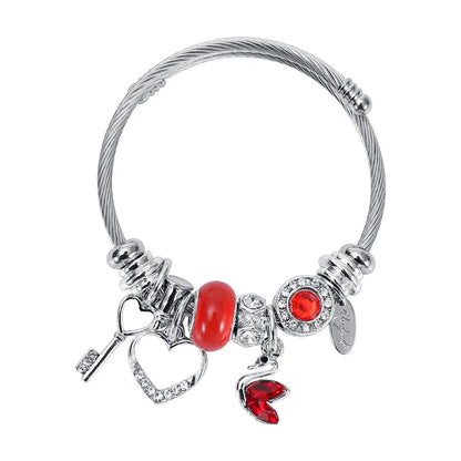 Casual Simple Style Swan Heart Shape Key Stainless Steel Inlay Artificial Gemstones Bangle