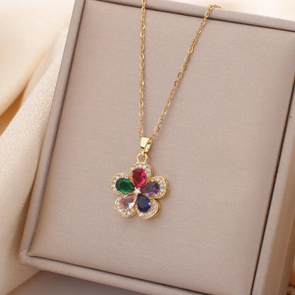 Casual Simple Style Water Droplets Heart Shape Flower Titanium Steel Plating Inlay Opal Zircon Pendant Necklace