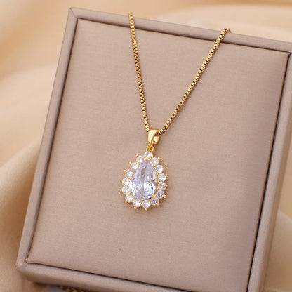 Casual Simple Style Water Droplets Heart Shape Flower Titanium Steel Plating Inlay Opal Zircon Pendant Necklace