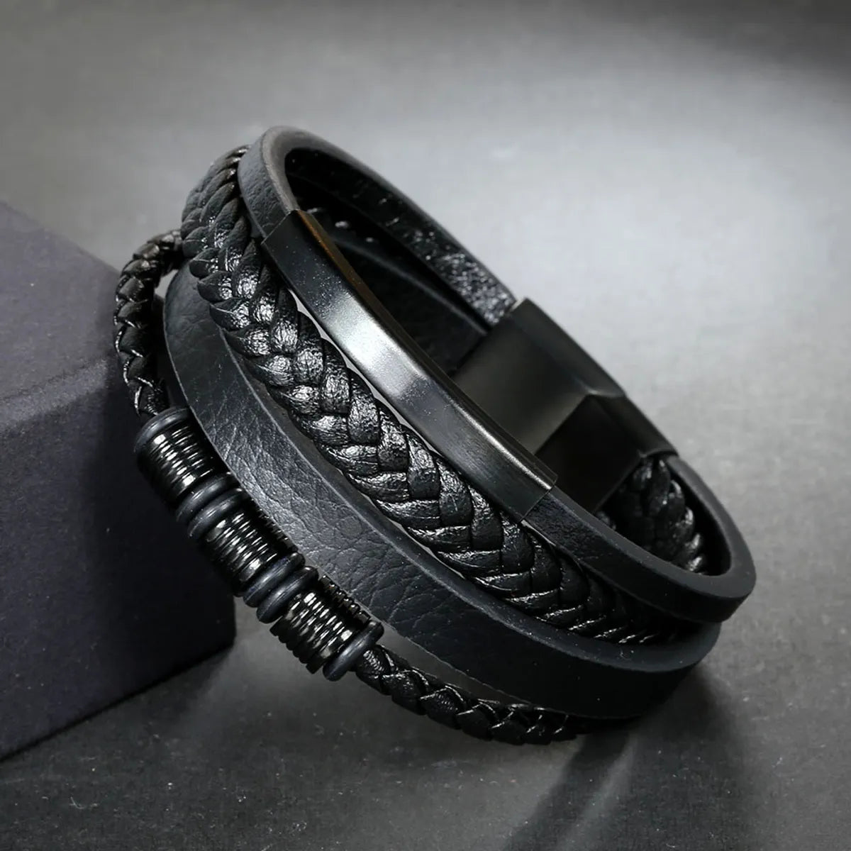 Casual Solid Color Pu Leather Titanium Steel Braid None None Men'S Bracelets