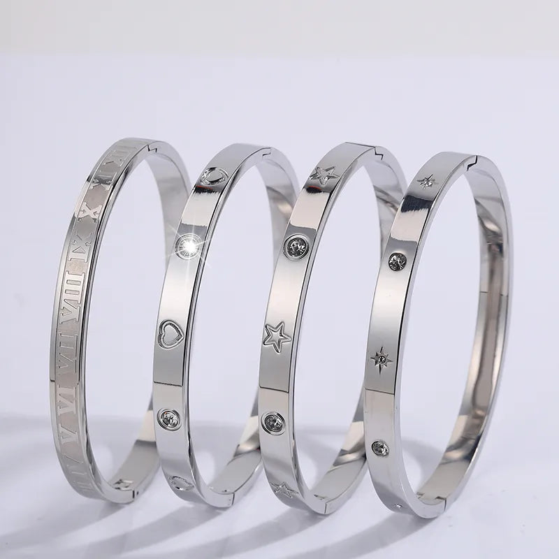 Casual Star Heart Shape Roman Numeral Titanium Steel Bangle In Bulk