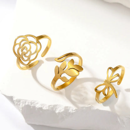 Casual Streetwear Flower Stainless Steel Plating 18k Gold Plated Open Rings