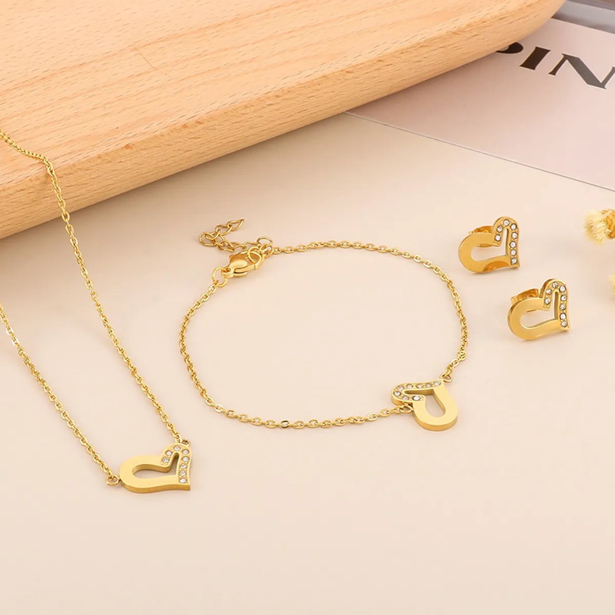 Casual Streetwear Heart Shape Titanium Steel Plating 18k Gold Plated Earrings Necklace