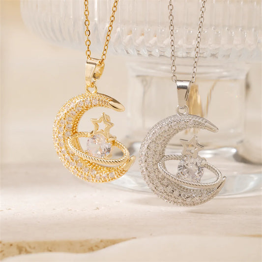 Casual Streetwear Star Moon Stainless Steel Copper Gold Plated Silver Plated Zircon Pendant Necklace In Bulk