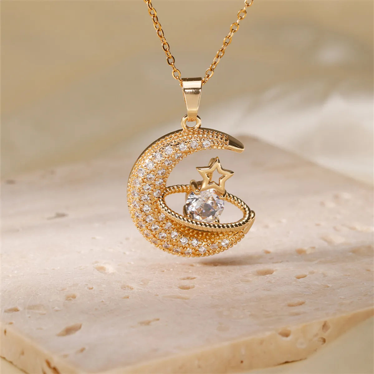 Casual Streetwear Star Moon Stainless Steel Copper Gold Plated Silver Plated Zircon Pendant Necklace In Bulk