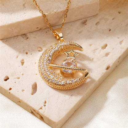 Casual Streetwear Star Moon Stainless Steel Copper Gold Plated Silver Plated Zircon Pendant Necklace In Bulk