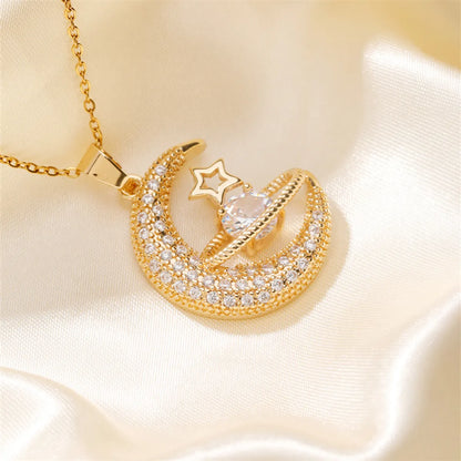 Casual Streetwear Star Moon Stainless Steel Copper Gold Plated Silver Plated Zircon Pendant Necklace In Bulk