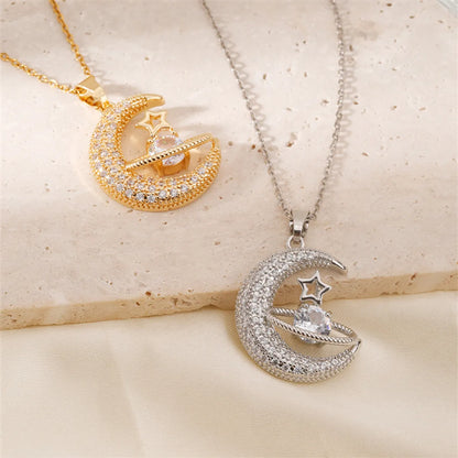 Casual Streetwear Star Moon Stainless Steel Copper Gold Plated Silver Plated Zircon Pendant Necklace In Bulk