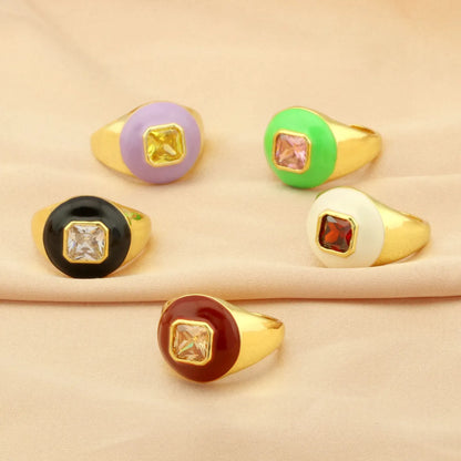 Casual Streetwear Triangle Square Heart Shape Copper Enamel Plating Inlay Zircon 18k Gold Plated Open Rings