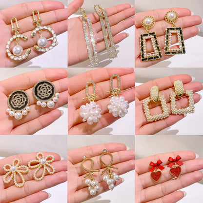 1 Pair Casual Sweet Circle Flower Bow Knot Tassel Plating Inlay Alloy Rhinestones Pearl Earrings