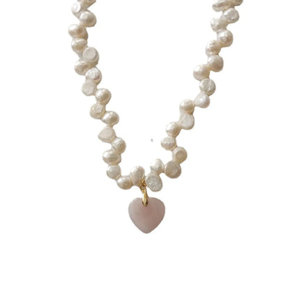 Casual Sweet Heart Shape Natural Stone Freshwater Pearl Beaded Plating Pendant Necklace