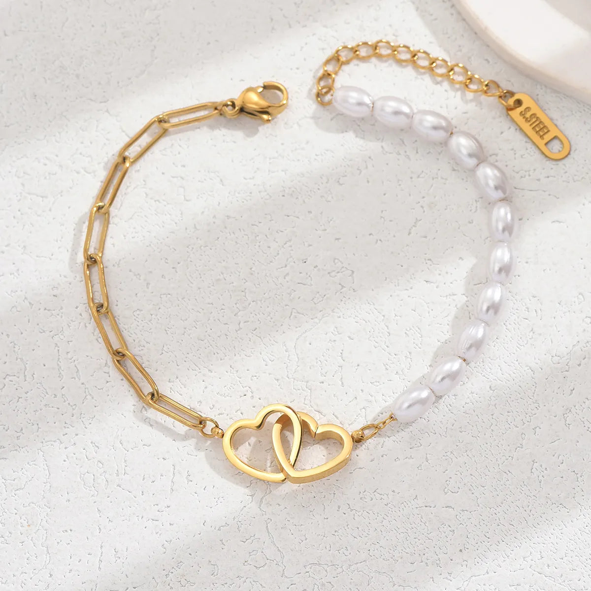 Casual Sweet Simple Style Double Heart Heart Shape 201 Stainless Steel Imitation Pearl 18K Gold Plated Bracelets In Bulk