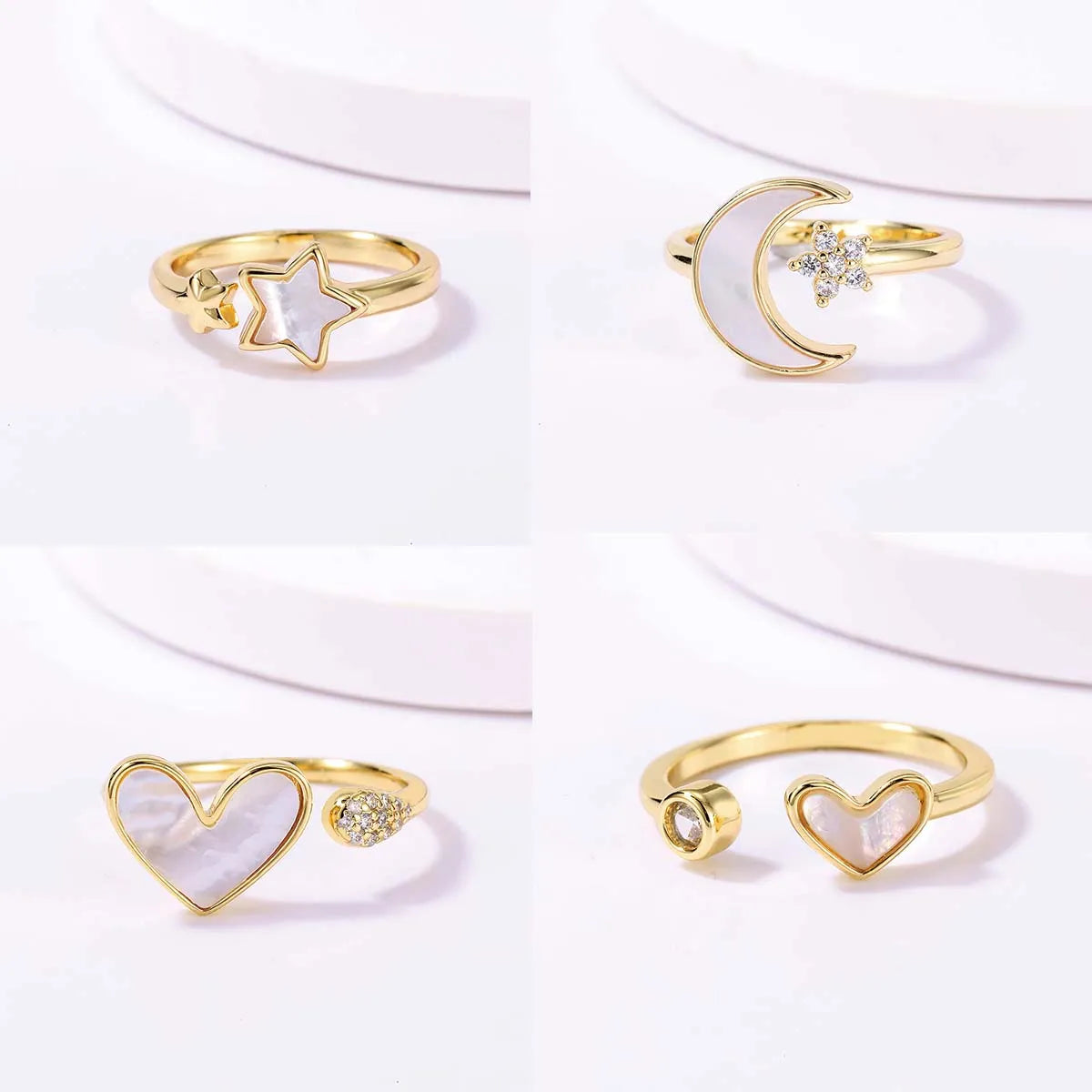 Casual Sweet Star Moon Heart Shape Shell Plating Inlay Shell Zircon 18k Gold Plated Women's Open Rings