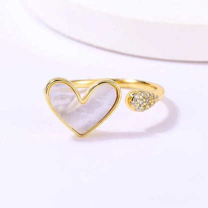 Casual Sweet Star Moon Heart Shape Shell Plating Inlay Shell Zircon 18k Gold Plated Women's Open Rings