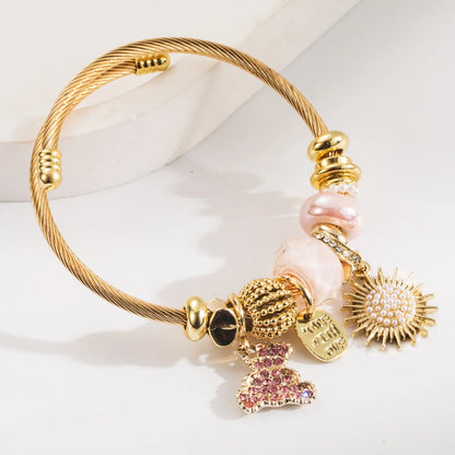 Casual Vacation Bear Gold Plated Rhinestones Pearl 304 Stainless Steel Alloy Wholesale Bangle