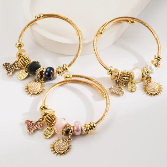 Casual Vacation Bear Gold Plated Rhinestones Pearl 304 Stainless Steel Alloy Wholesale Bangle