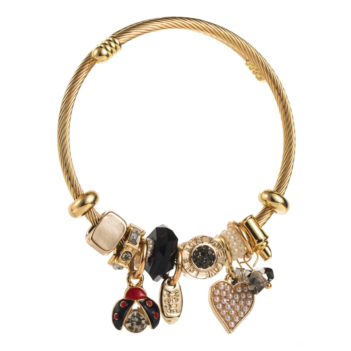 Casual Vacation Classic Style Red Heart Beetles 304 Stainless Steel Alloy Gold Plated Rhinestones Bangle In Bulk