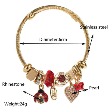 Casual Vacation Classic Style Red Heart Beetles 304 Stainless Steel Alloy Gold Plated Rhinestones Bangle In Bulk