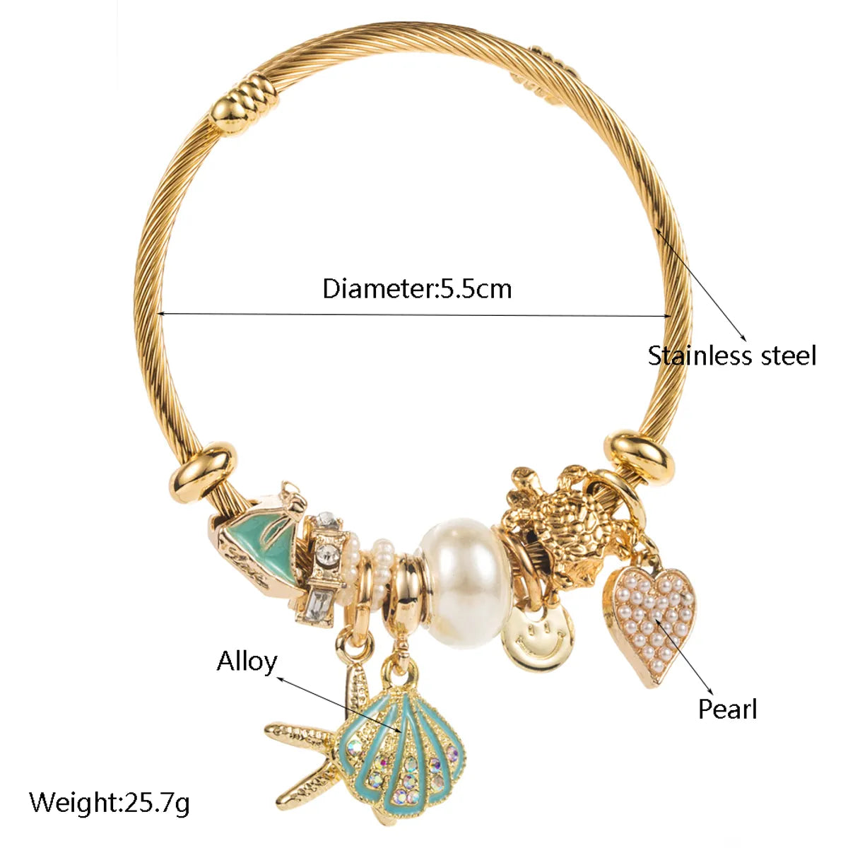 Casual Vacation Classic Style Shell Gold Plated Rhinestones Pearl 304 Stainless Steel Alloy Wholesale Bangle