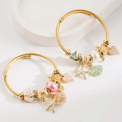 Casual Vacation Classic Style Shell Gold Plated Rhinestones Pearl 304 Stainless Steel Alloy Wholesale Bangle