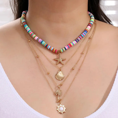 Casual Vacation Coconut Tree Starfish Shell Alloy Soft Clay Heishi Plating Women's Layered Necklaces