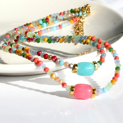 Casual Vacation Colorful Stainless Steel Artificial Crystal Beaded Handmade Plating Gold Plated Necklace