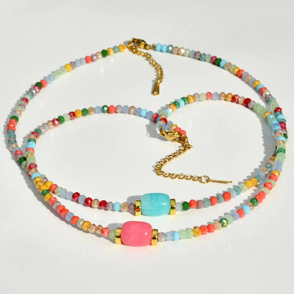 Casual Vacation Colorful Stainless Steel Artificial Crystal Beaded Handmade Plating Gold Plated Necklace