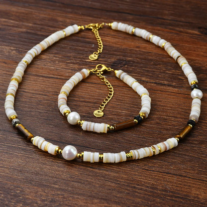 Casual Vacation Handmade Geometric Gold Plated 304 Stainless Steel Natural Stone Freshwater Pearl Wholesale Bracelets Necklace